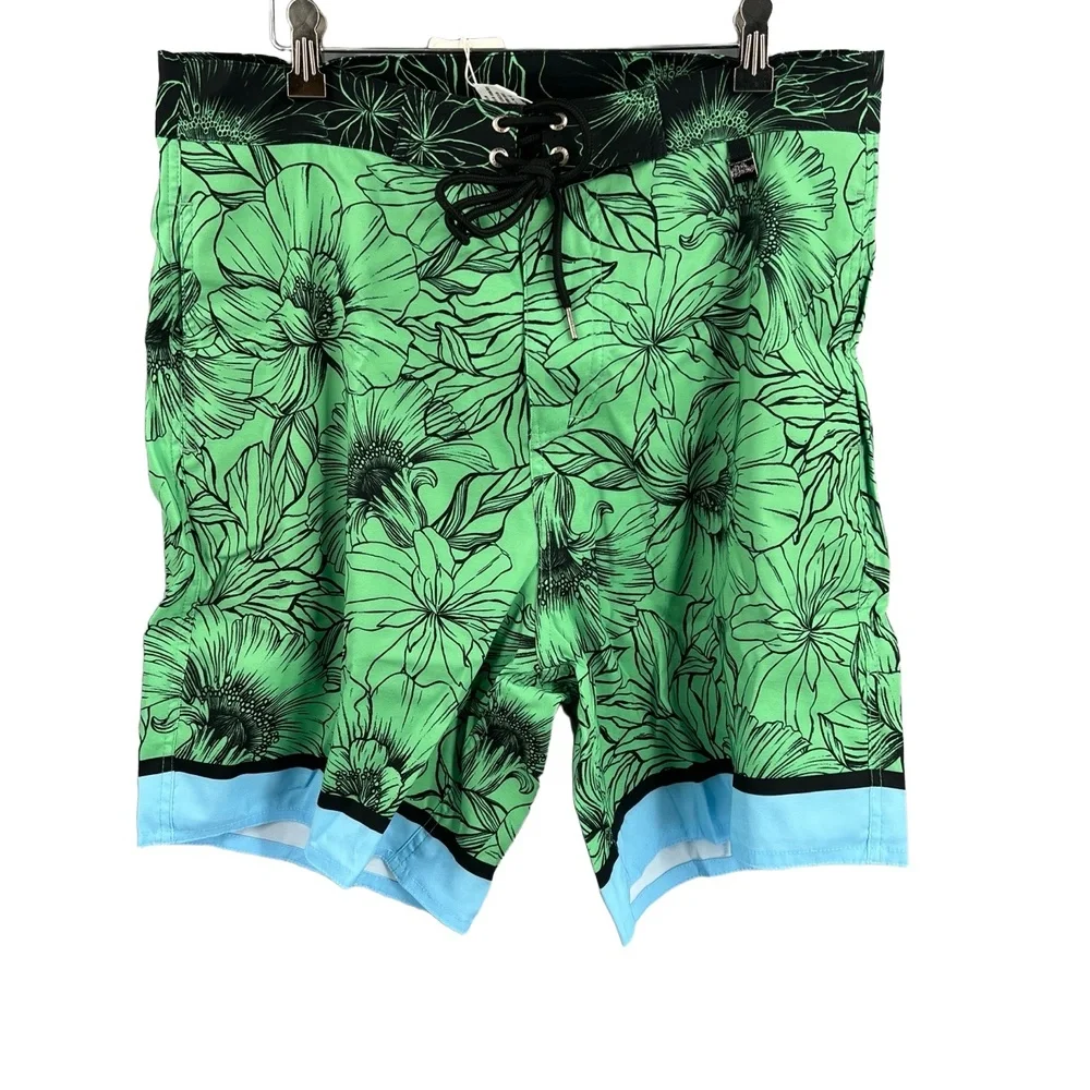 Agua Bendita‎ Board Shorts Green Floral Swim Trunk Lace Up Sati Tonka 38 New